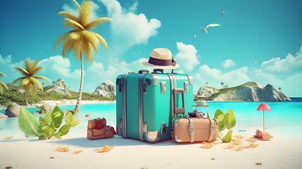 take summer beach trip with 3d illustration of blue suitcase and brimmed hat on the sand