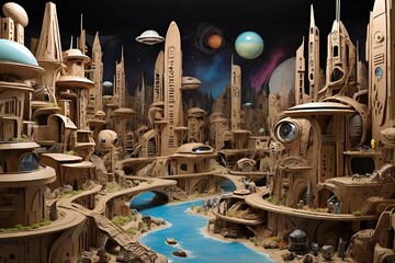 Cardboard Alien Cityscape. An otherworldly city made of cardboard boxes