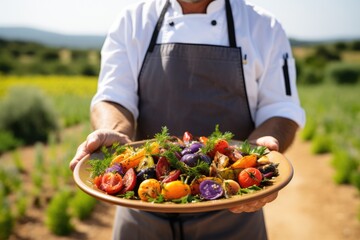 Flavors of Provence: Dive into the Culinary Magic as a Chef Presents a Plate of Ratatouille, Harmonizing with the Lavender Fields and Rustic Villages in the Heart of Provençal Delight.

 - obrazy, fototapety, plakaty