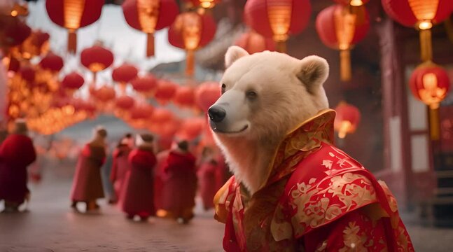 A bear, dressed in Chinese costume, enjoys the New Year amid red lanterns. Fireworks light up the sky, celebrating the start of the Chinese New Yea