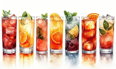 watercolor stickers glass ice drink fruit alcohol white background