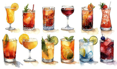 watercolor stickers glass ice drink fruit alcohol white background