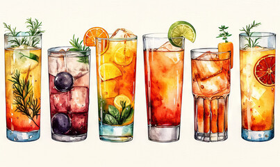 watercolor stickers glass ice drink fruit alcohol white background