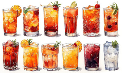 watercolor stickers glass ice drink fruit alcohol white background