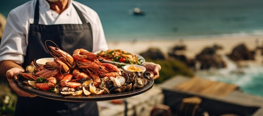 Seafood in Galicia: Dive into the Culinary Extravaganza as a Galician Chef Showcases a Platter Full of Fresh Clams, Mussels, Scallops, Octopus, and Local Specialties.