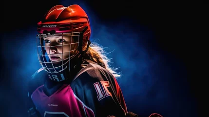 Fotobehang Young girl, hockey player in uniform and helmet training, standing with stick against black studio background in neon light. Concept of professional sport, competition, game, action, hobby. © haizah