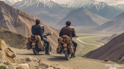 young indian bikers stopping by a great Himalayan view en route to Ladakh. - obrazy, fototapety, plakaty