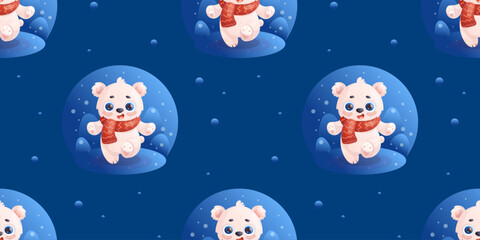 Seamless pattern with cute white polar bear in knitted scarf on blue background. Vector illustration in cartoon style. Kids collection.