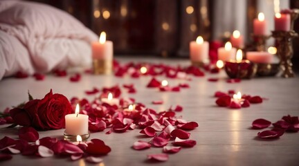 Rose petals and candles on the floor of a nice looking bedroom. Valentine's Day, Wedding or engagement promotional picture. Generative AI.