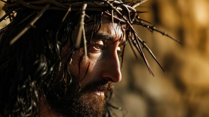 Suffering Redeemer: The Religious Symbolism Unfolds as Jesus' Solemn Countenance Bears the Weight of a Crown Adorned with Sharp Thorns, Reflecting His Sacrifice for Humanity's Sins.

