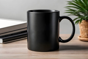 black coffee mug mockup, mockup, mug on a table, black, office table, break, drink, refreshment, 