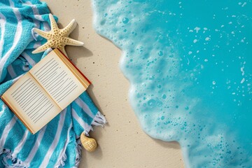 open book rests on the towel, its pages are visible but the text is not clear