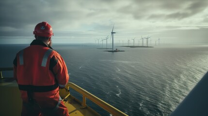 Worker on top of an offshore wind turbine looking at the ocean. - obrazy, fototapety, plakaty