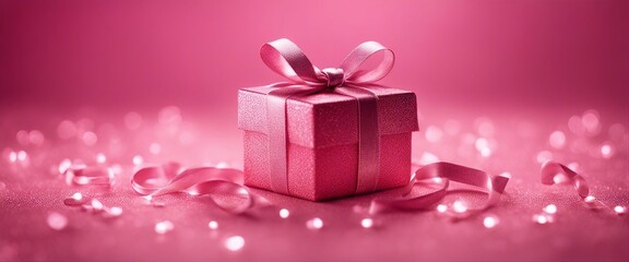 Heart shaped pink sparkles on pink background with gift box representing