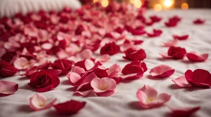 Rose petals on a bed. Romantic Valentine's day advertising picture. Wedding Background picture. Generative AI.