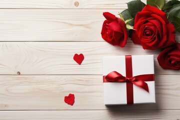 red roses and gift box with bow on white wooden background top view, valentines day floral template with copy space