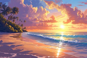Fototapeta na wymiar beautiful digital painting of a tropical beach at sunset