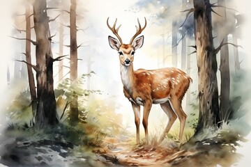 watercolor illustration of a beautiful wild deer in the forest