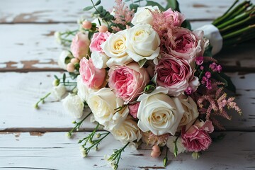 closeup beautiful delicate bridal bouquet of white and pink roses flowers on white shabby wooden table