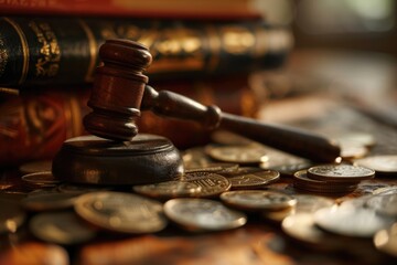 Injustice: The Symbolism of Coins, Gavels, and Law Books on Money-Filled Envelopes Depicts the Expensive Nature and Challenges Surrounding Access to Legal Services and Justice.




