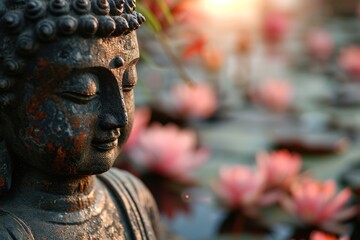 closeup head of buddha statue with pink lotuses - Powered by Adobe