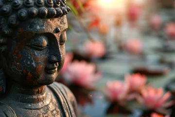 Fotobehang closeup head of buddha statue with pink lotuses © Маргарита Вайс