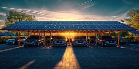 The solar carport is equipped for parking public vehicles. Generative Ai.