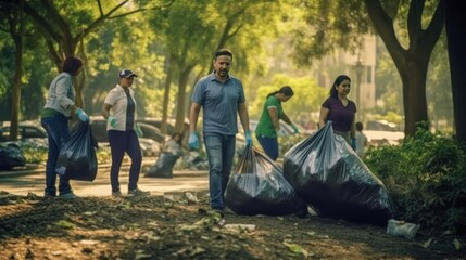 Volunteers of business with garbage bag cleaning park area together for charity work to Social and environment sustainable development goal in world environment