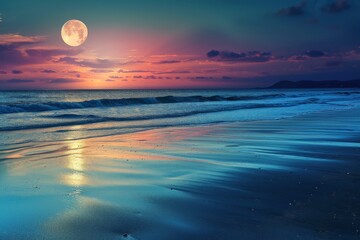 breathtaking view of a beach during sunset with a full moon visible in the sky