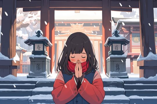cute anime girl praying in a buddhist temple in winter