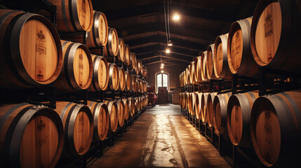 Rows of wine barrels in wine-vaults in order. Cellar with French barrique wine casks. Generative AI