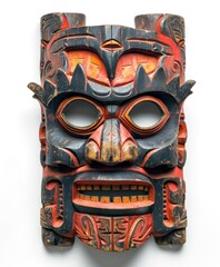 Traditional African mask with intricate colored details on a white background