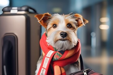 Dog on airport trip with suitcase next to him