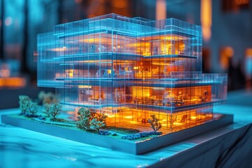 Illuminated Model Glass Building Displayed Outdoors at Twilight