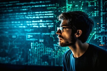Portrait of a young man in glasses against the background of a binary code. The concept of modern technologies and programming.