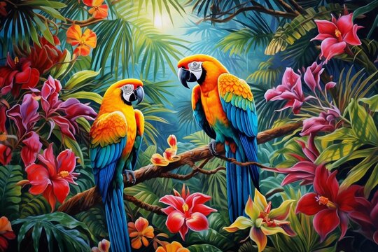 Vibrant tropical scenery with majestic birds, lush fern leaves in an artwork. Generative AI