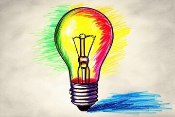 Colorful crayon drawing of a lightbulb. Generative AI