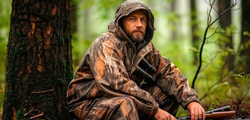 A man in a camouflage suit sits on the ground in the woods.