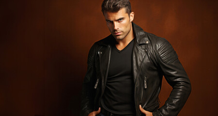 Portrait of a handsome young man in black leather jacket on brown background - obrazy, fototapety, plakaty