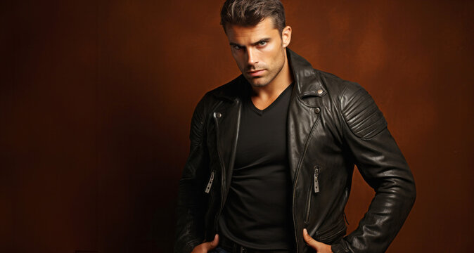 Portrait of a handsome young man in black leather jacket on brown background