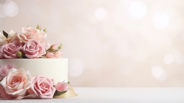 Celebration Cake and Flowers Wallpaper, generative ai