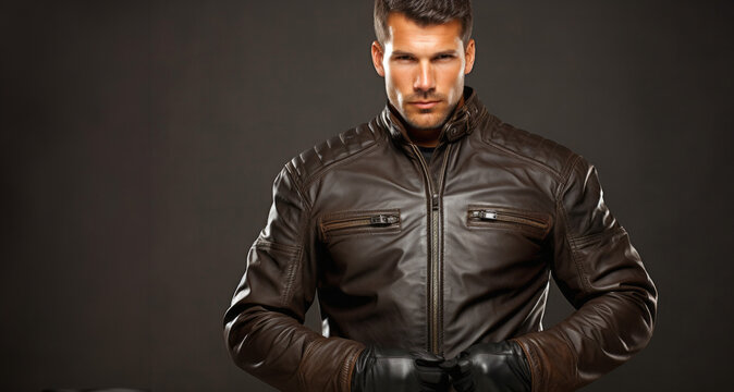 Portrait of a handsome young man in black leather jacket on brown background