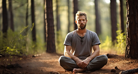Naklejka na ściany i meble Man meditating in yoga lotus position in the forest. Healthy lifestyle concept.