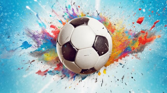 soccer ball on watercolor splat background.