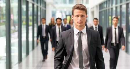 Portrait of a young businessman in front of a group of business people