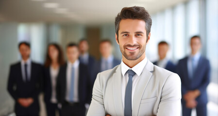 Portrait of a smiling businessman standing in front of his team.