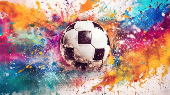 soccer ball on watercolor splat background.