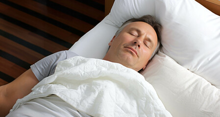 Man sleeping in bed. Top view of young man sleeping in bed. Insomnia treatment