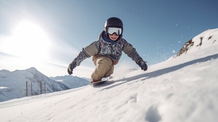 Fototapeta na wymiar snowboarder kid in the mountains slope - Wintersport, snow, vacation.