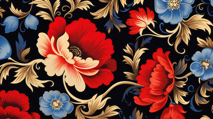Traditional Russian floral pattern on black background. Vibrant Spirit of Russia with Authentic flowers pattern - obrazy, fototapety, plakaty